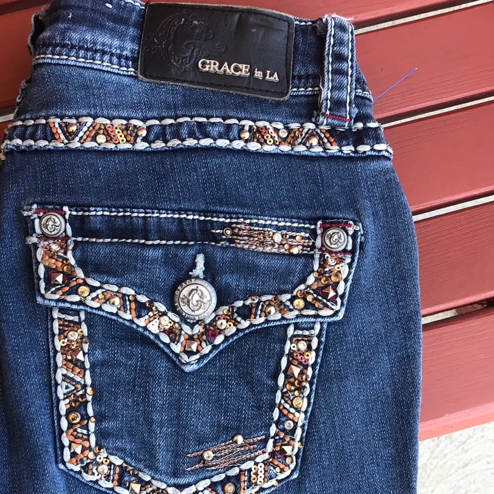 Grace in LA Blue Skinny Jeans with Embellished Pockets